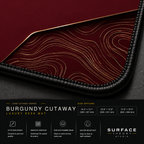 Close-up of Burgundy Cutaway printed artwork and black stitched corner.