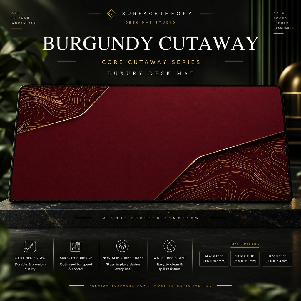 Burgundy Cutaway desk mat on a studio display with size and product information.