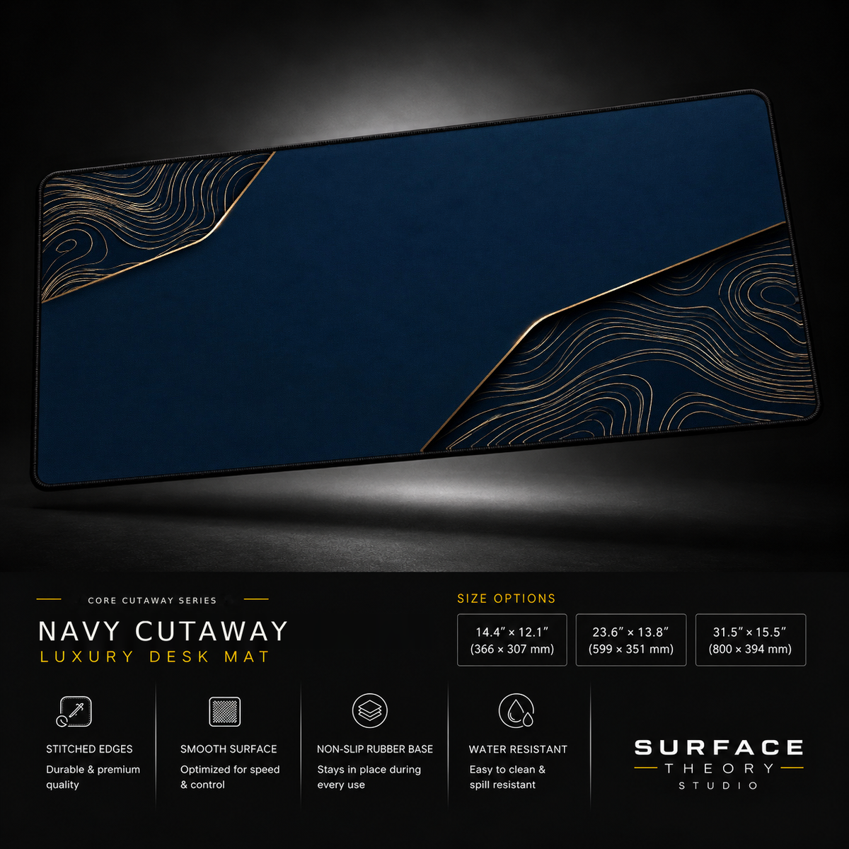 Navy Cutaway desk mat floating against a dark studio background.