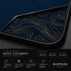 Close-up of Navy Cutaway printed artwork and black stitched corner.