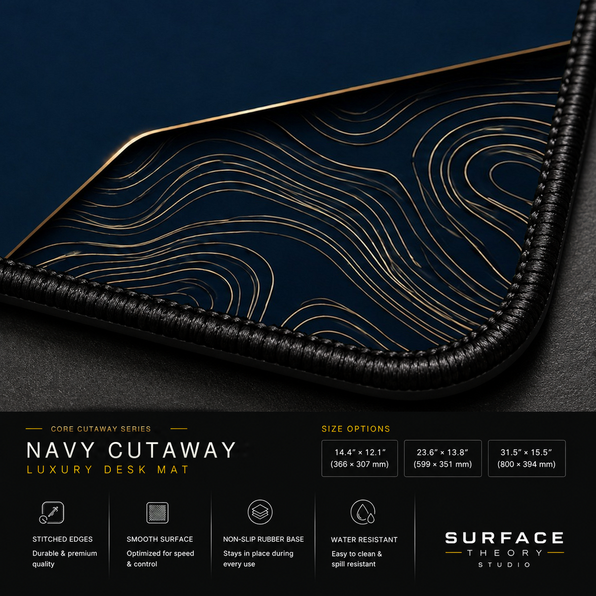 Close-up of Navy Cutaway printed artwork and black stitched corner.