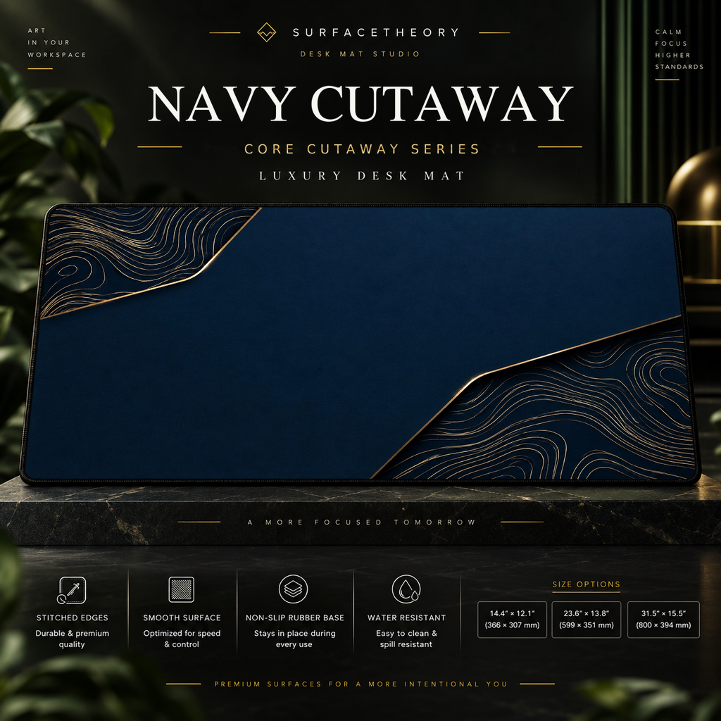 Navy Cutaway desk mat on a studio display with size and product information.