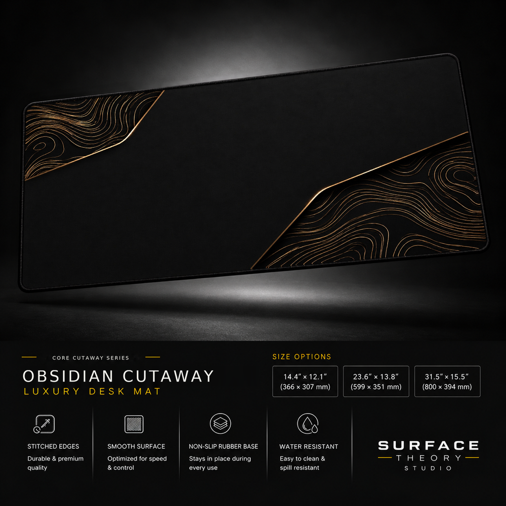 Obsidian Cutaway desk mat floating against a dark studio background.