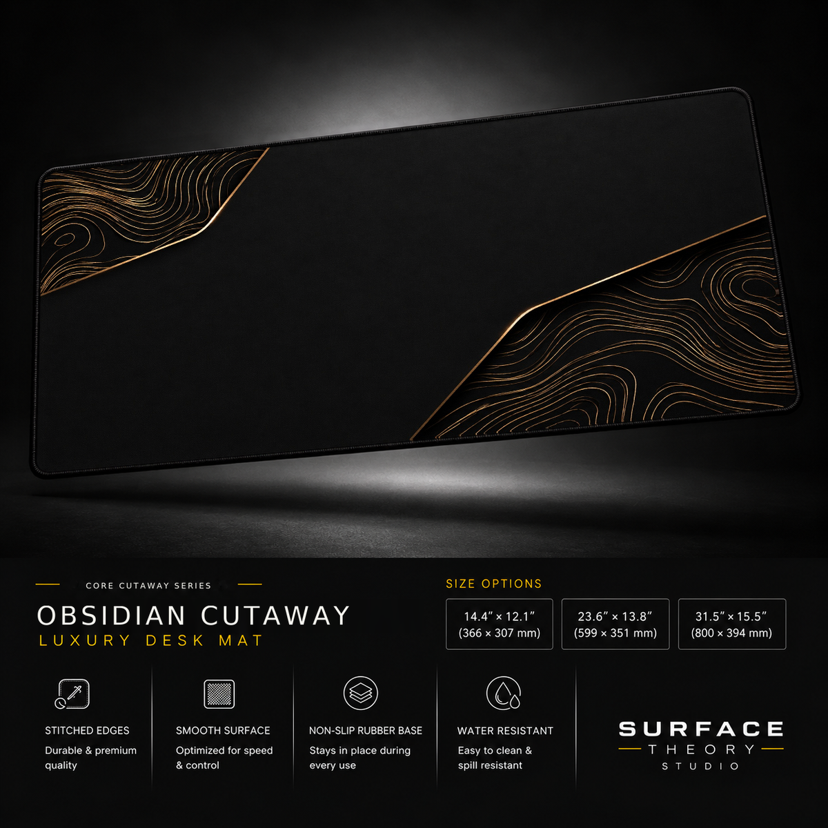 Obsidian Cutaway desk mat floating against a dark studio background.