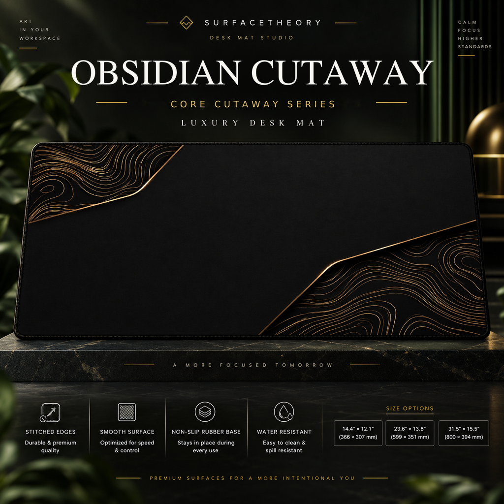 Obsidian Cutaway desk mat on a studio display with size and product information.