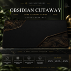 Obsidian Cutaway desk mat on a studio display with size and product information.