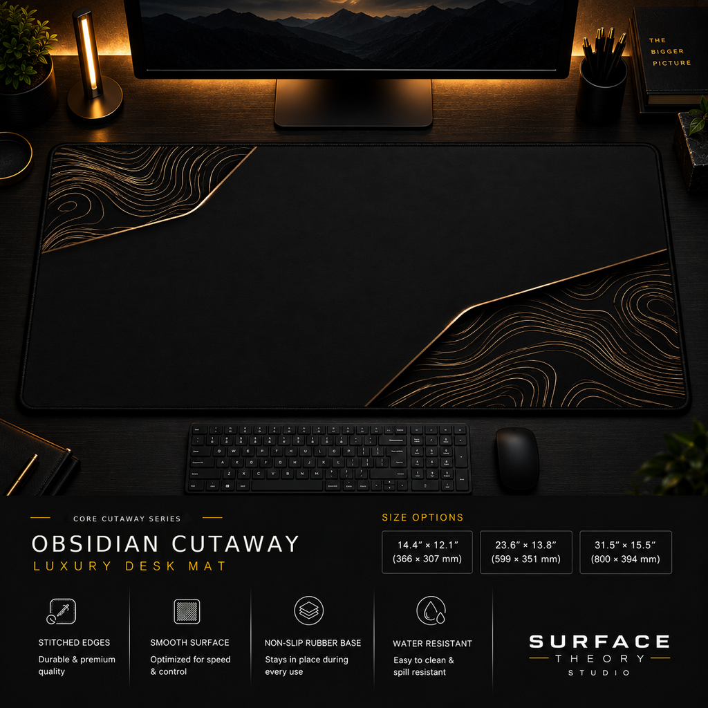 Obsidian Cutaway desk mat in a dark workstation with warm monitor lighting.