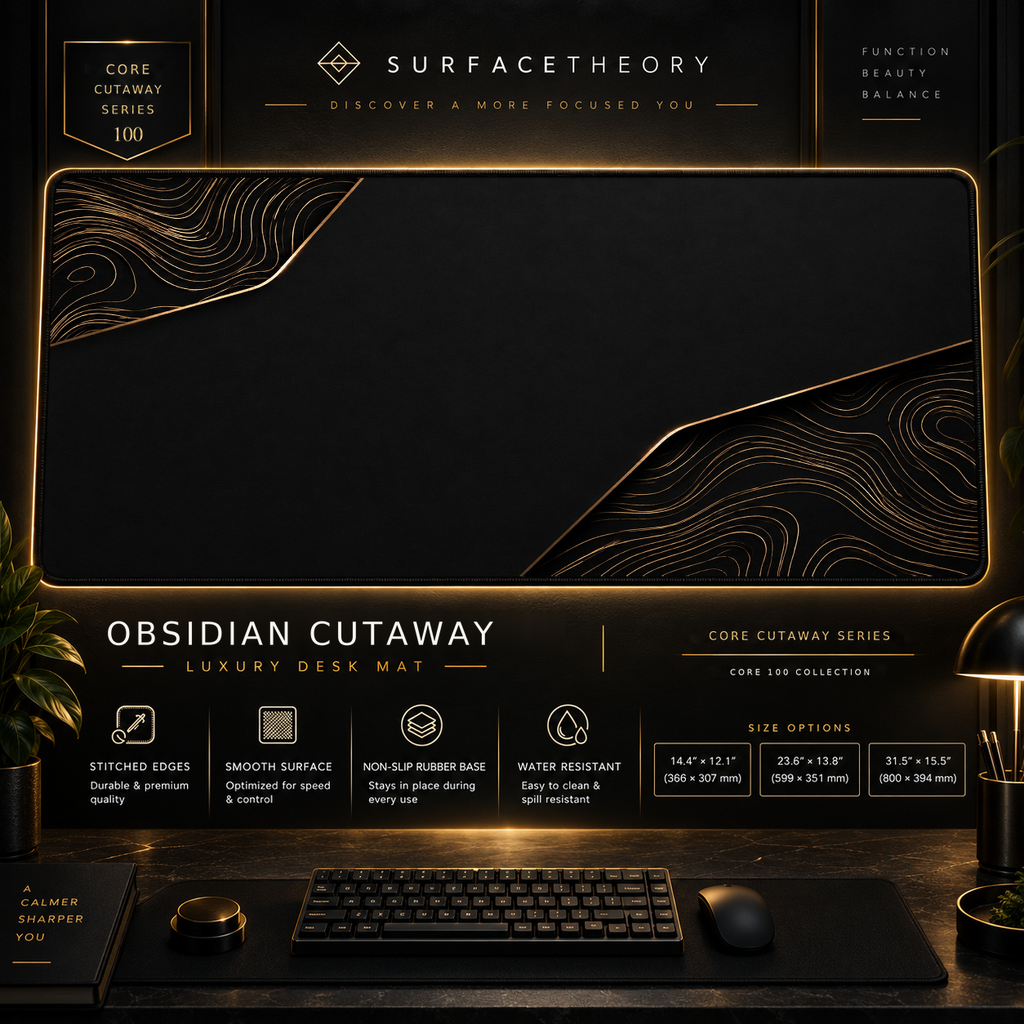 Obsidian Cutaway desk mat in a gold-toned showcase frame above a keyboard.
