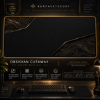 Obsidian Cutaway desk mat in a gold-toned showcase frame above a keyboard.
