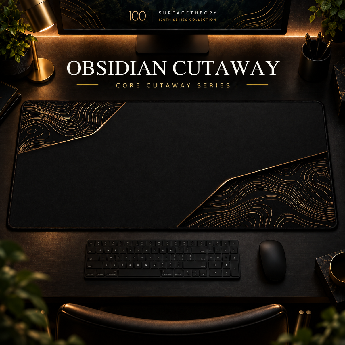 Obsidian Cutaway desk mat, near-black with bronze-gold contours in opposing corners, in a warm, dark workspace.
