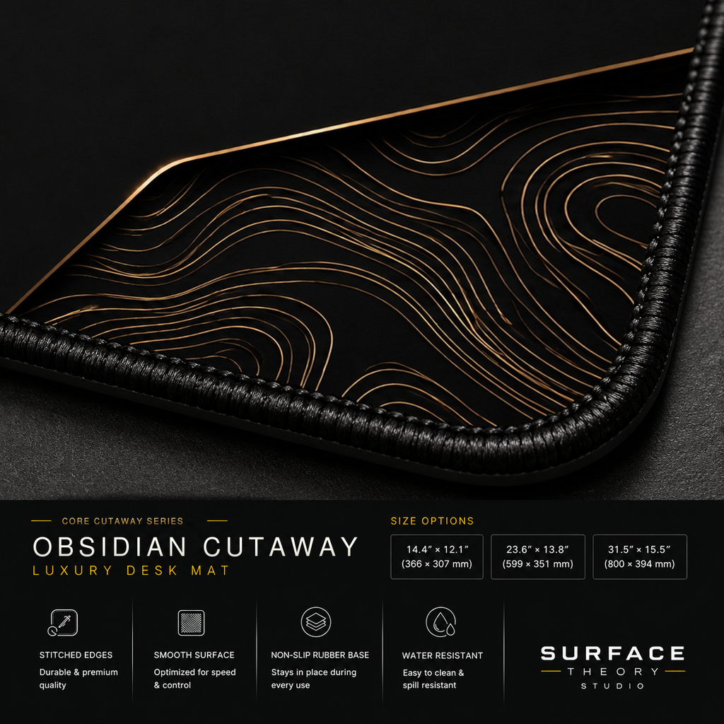 Close-up of Obsidian Cutaway printed artwork and black stitched corner.