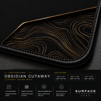 Close-up of Obsidian Cutaway printed artwork and black stitched corner.