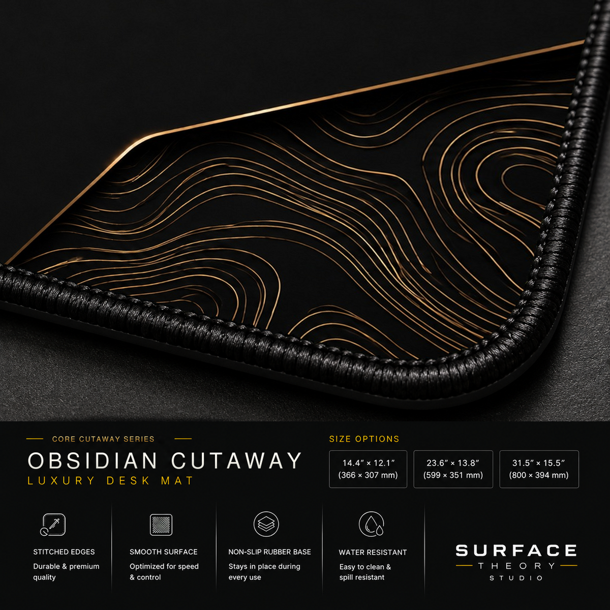 Close-up of Obsidian Cutaway printed artwork and black stitched corner.