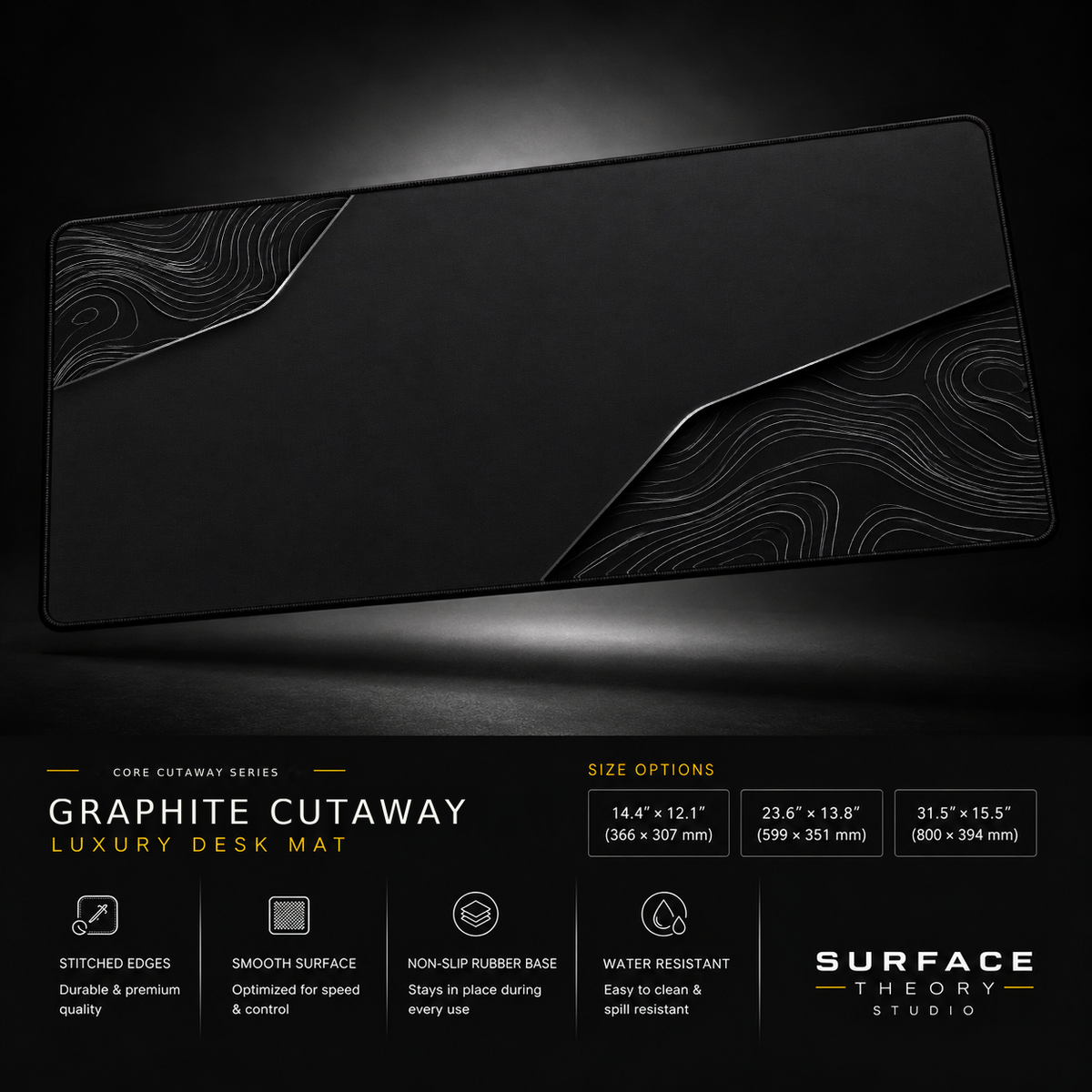 Graphite Cutaway desk mat floating against a dark studio background.
