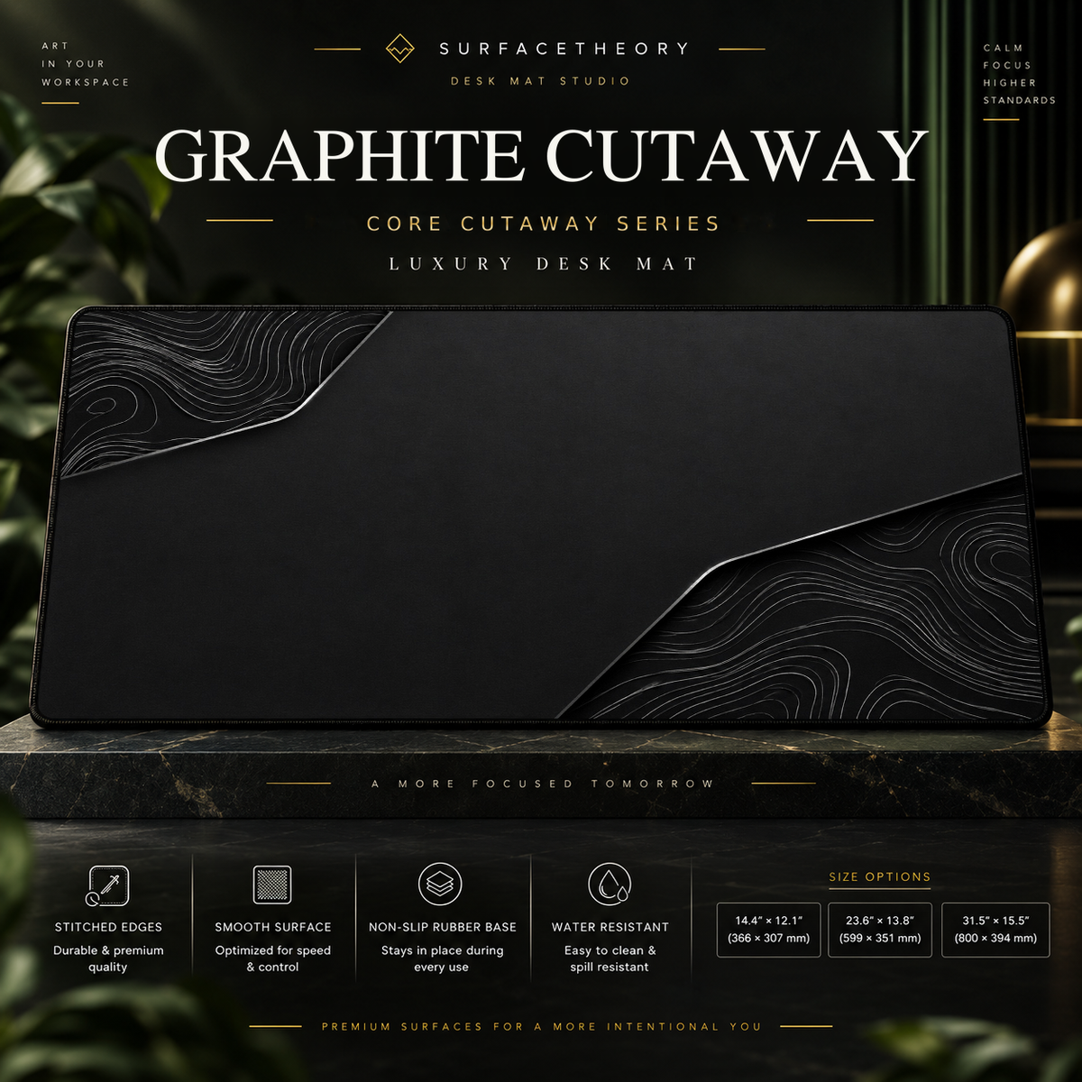 Graphite Cutaway desk mat on a studio display with size and product information.