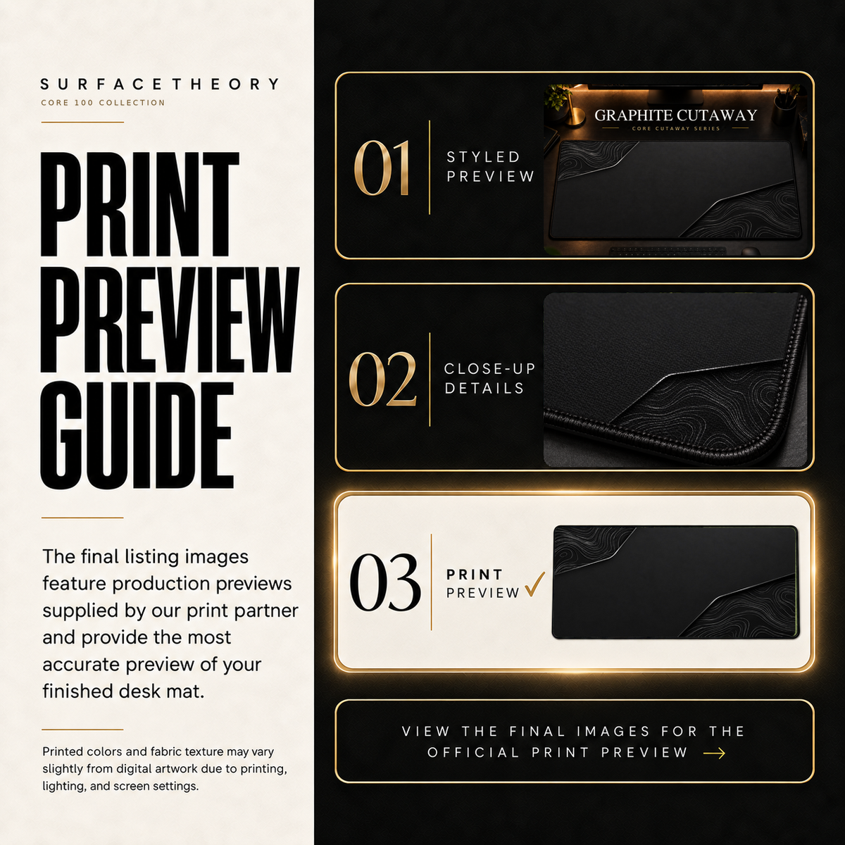 Graphite Cutaway print preview guide showing the styled artwork, close-up and print reference.