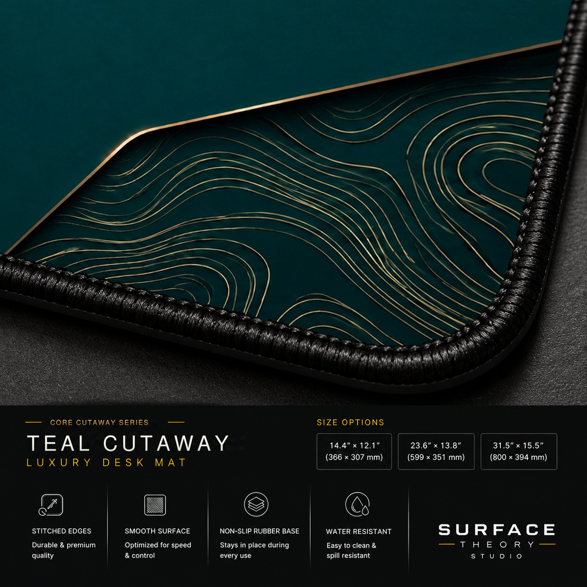 Close-up of Teal Cutaway printed artwork and black stitched corner.