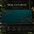 Teal Cutaway desk mat on a studio display with size and product information.