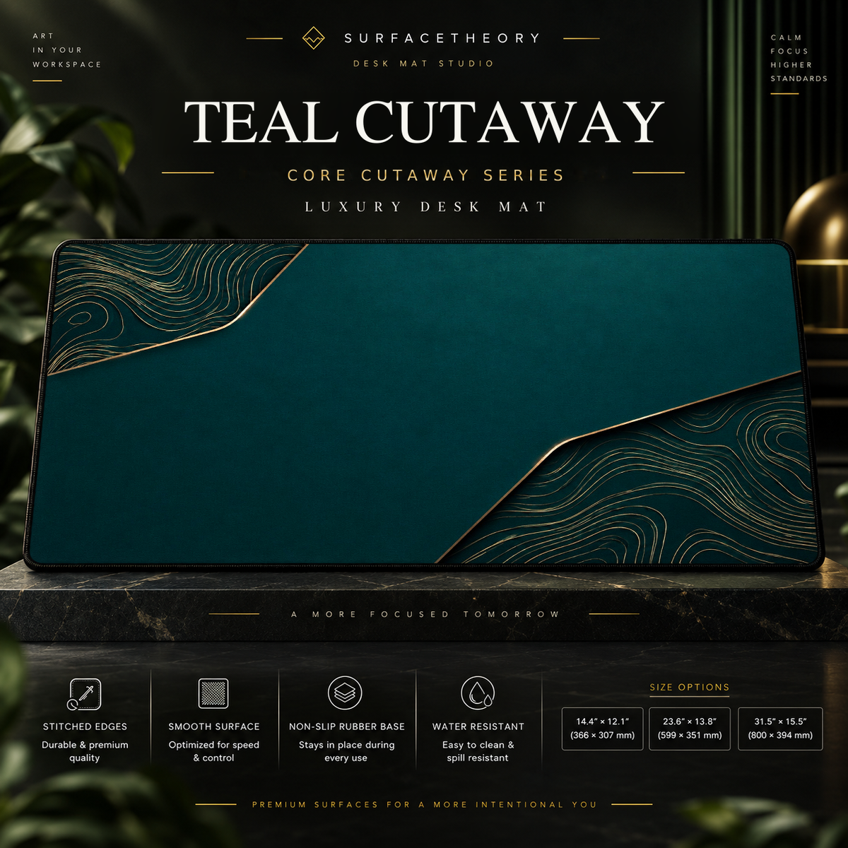 Teal Cutaway desk mat on a studio display with size and product information.