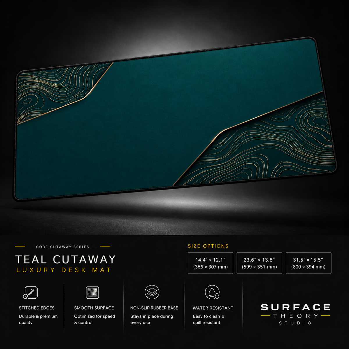 Teal Cutaway desk mat floating against a dark studio background.