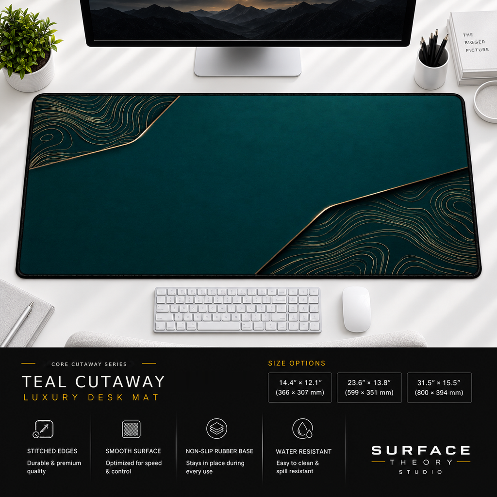 Teal Cutaway desk mat beneath a monitor on a bright desk with a white keyboard and mouse.