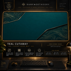 Teal Cutaway desk mat in a gold-toned showcase frame above a keyboard.