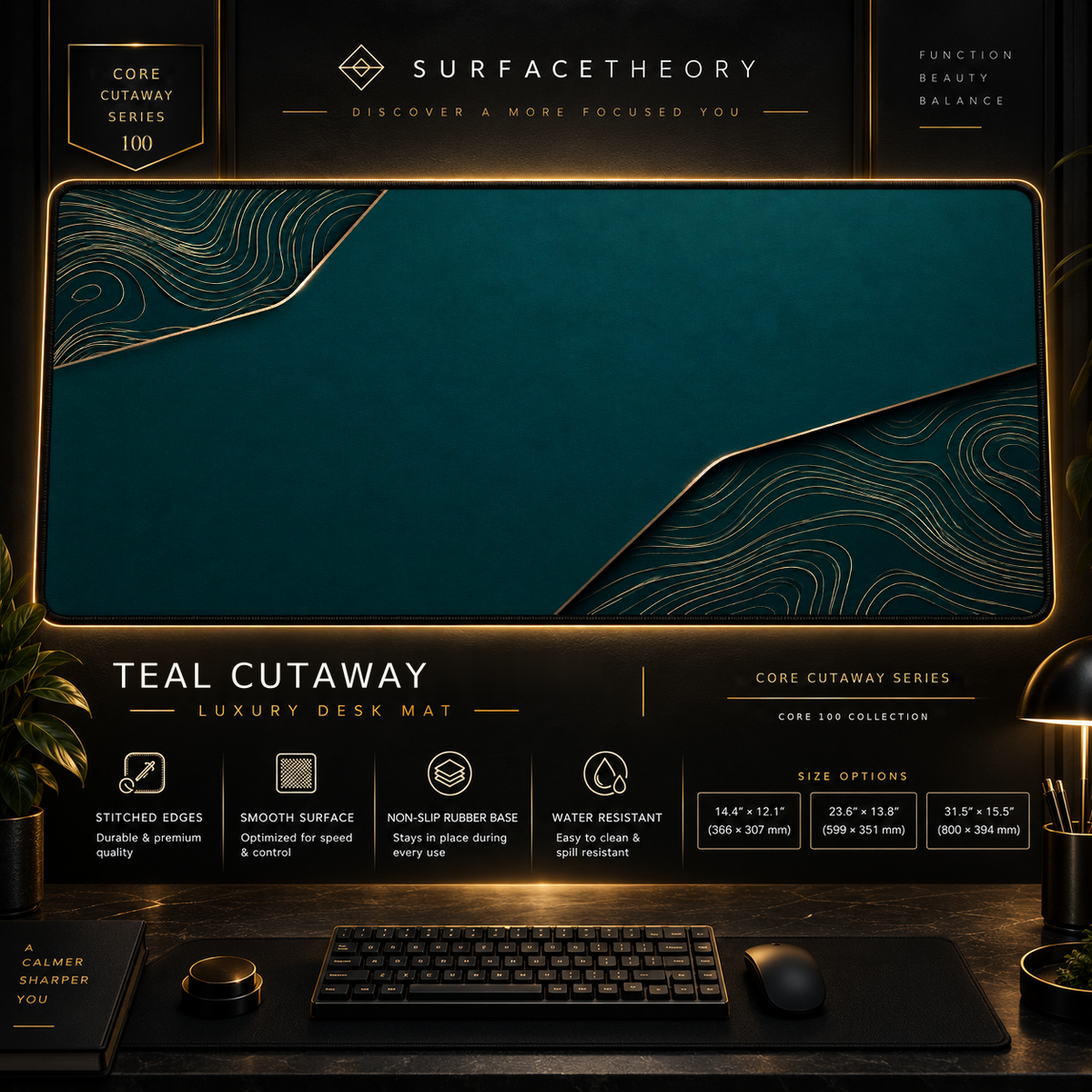 Teal Cutaway desk mat in a gold-toned showcase frame above a keyboard.