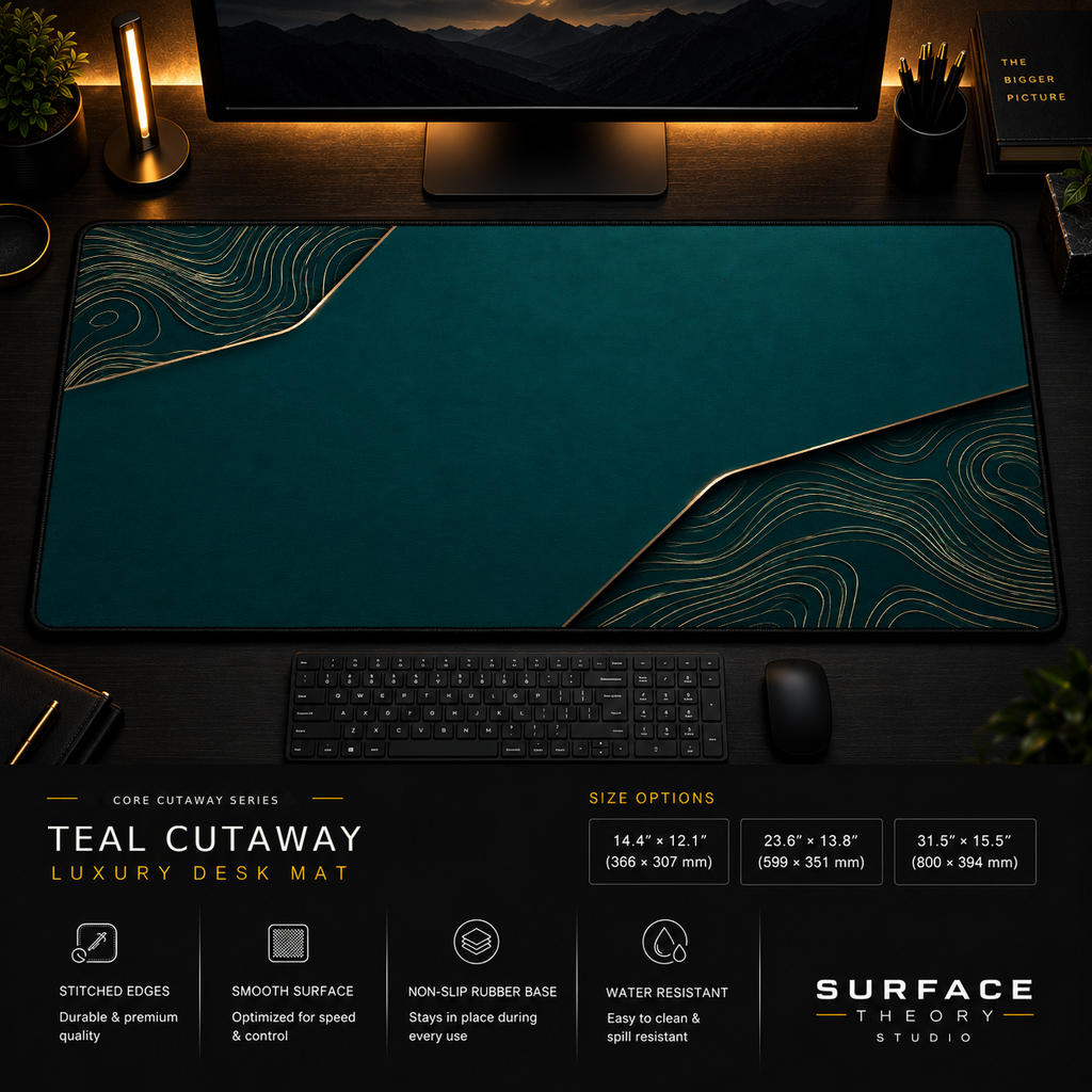 Teal Cutaway desk mat in a dark workstation with warm monitor lighting.