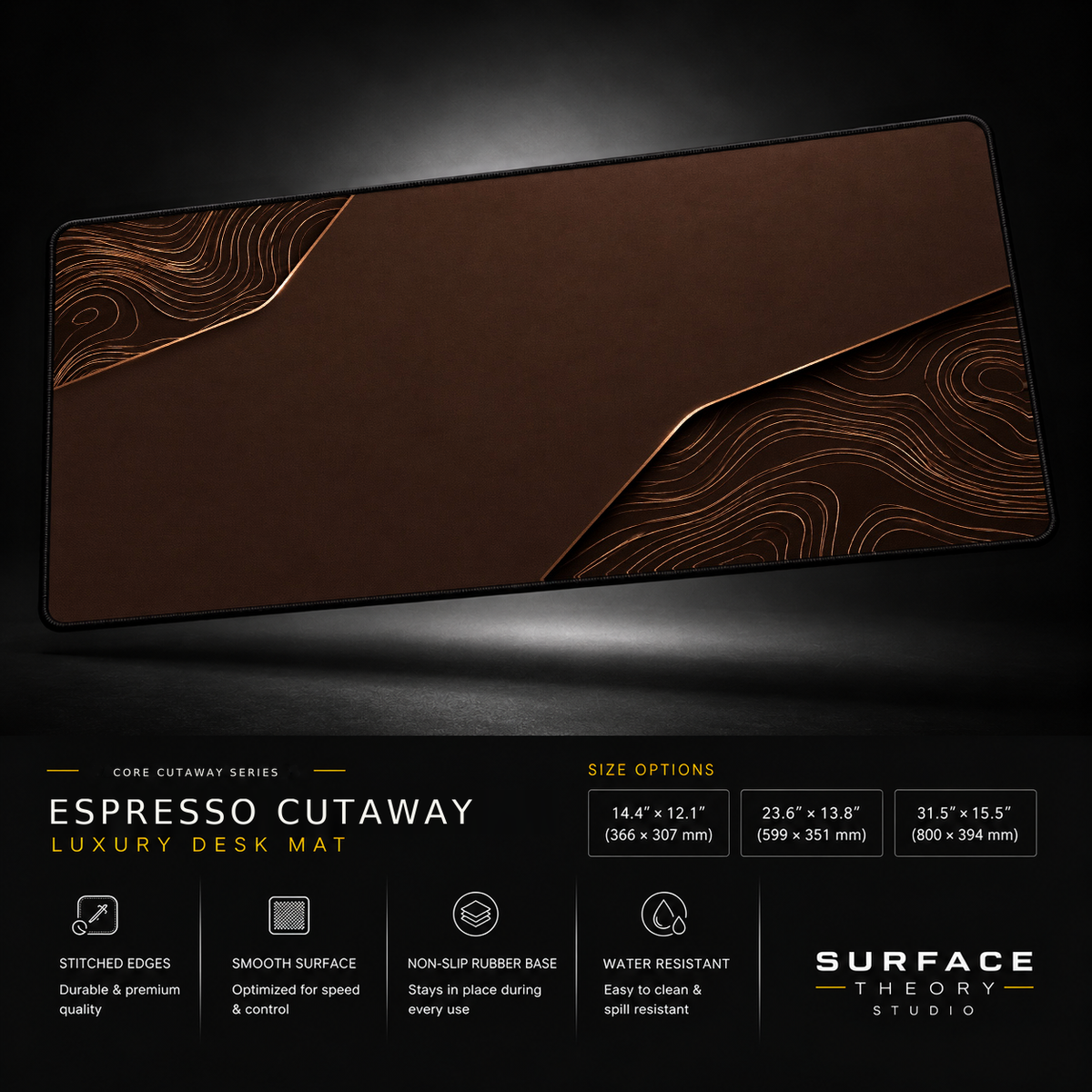 Espresso Cutaway desk mat floating against a dark studio background.