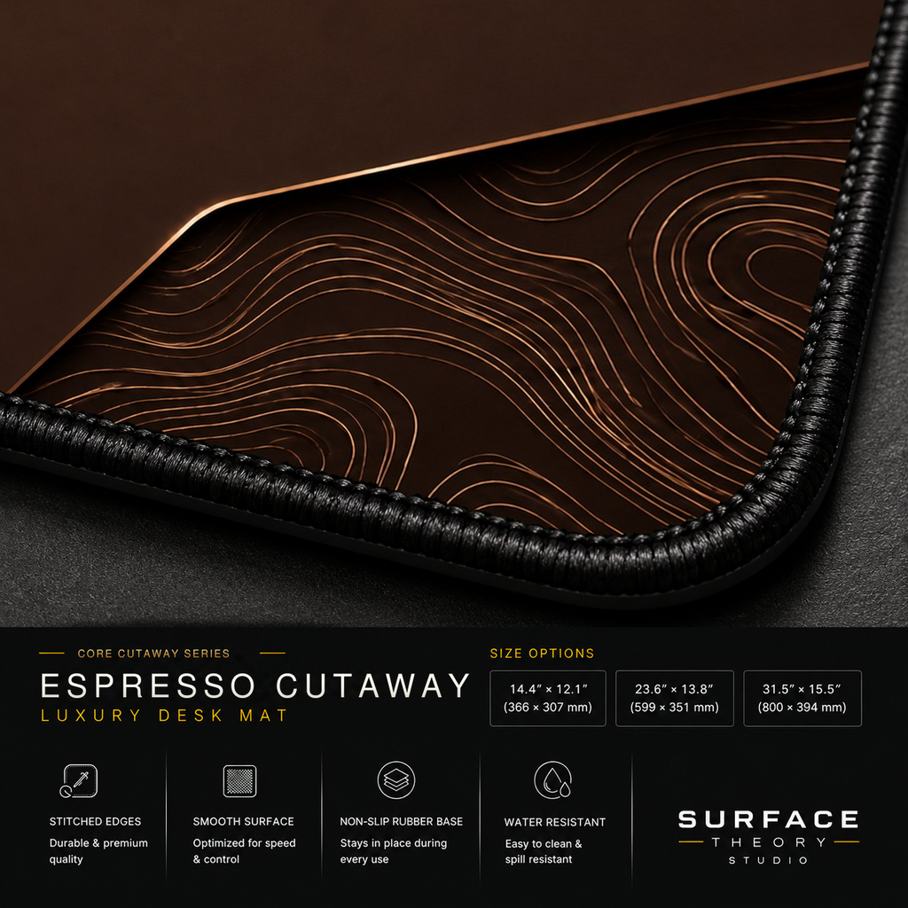 Close-up of Espresso Cutaway printed artwork and black stitched corner.
