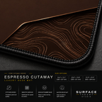 Close-up of Espresso Cutaway printed artwork and black stitched corner.