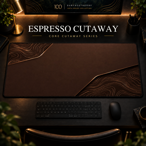 Espresso Cutaway desk mat, espresso brown with copper-toned contours in opposing corners, in a warm, dark workspace.