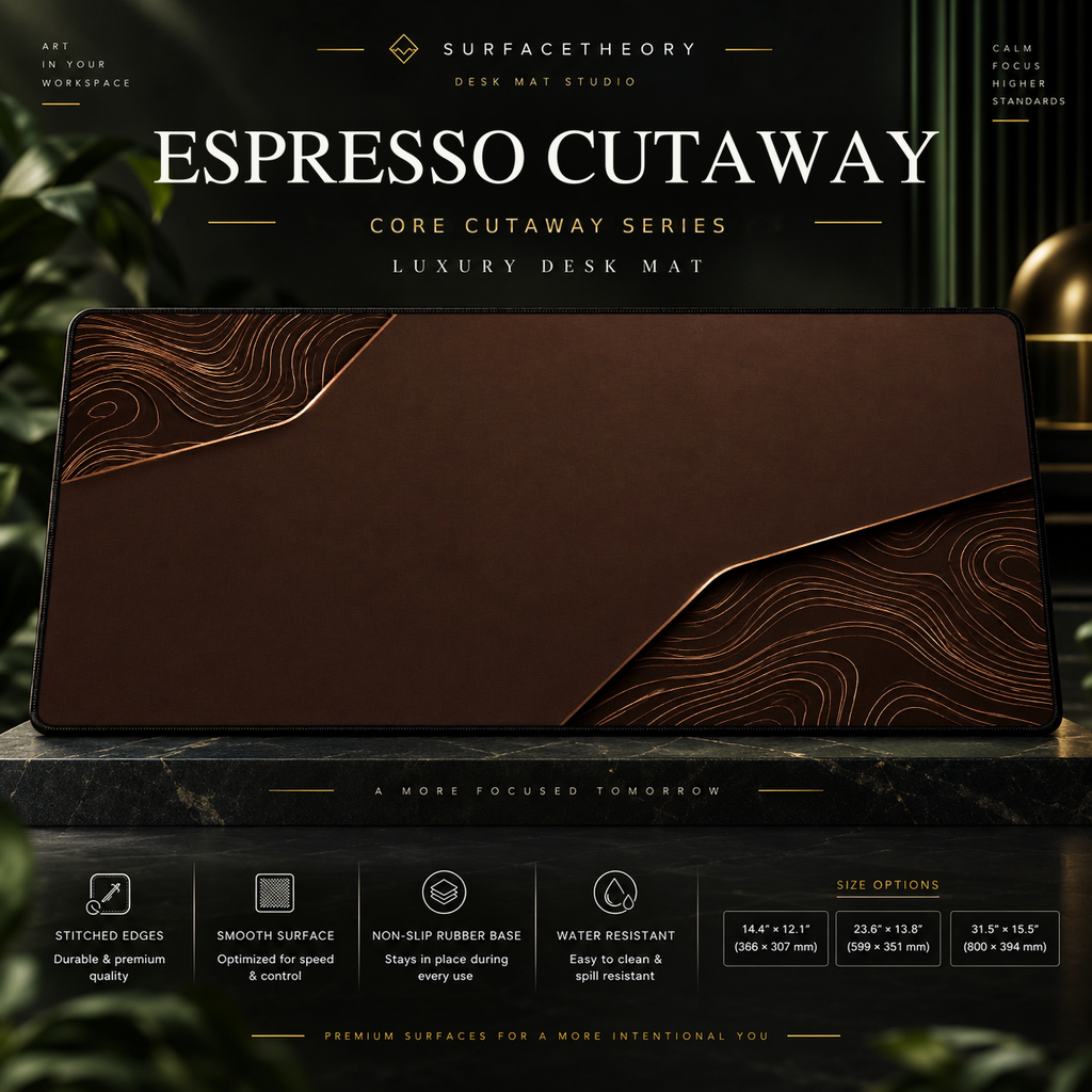 Espresso Cutaway desk mat on a studio display with size and product information.