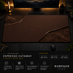 Espresso Cutaway desk mat in a dark workstation with warm monitor lighting.