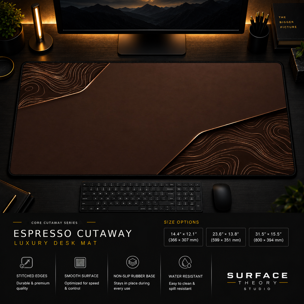 Espresso Cutaway desk mat in a dark workstation with warm monitor lighting.