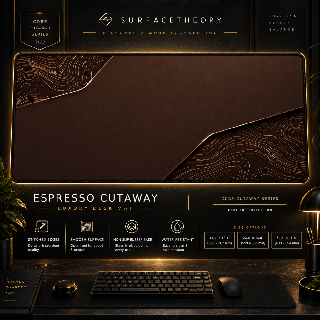 Espresso Cutaway desk mat in a gold-toned showcase frame above a keyboard.