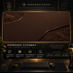 Espresso Cutaway desk mat in a gold-toned showcase frame above a keyboard.