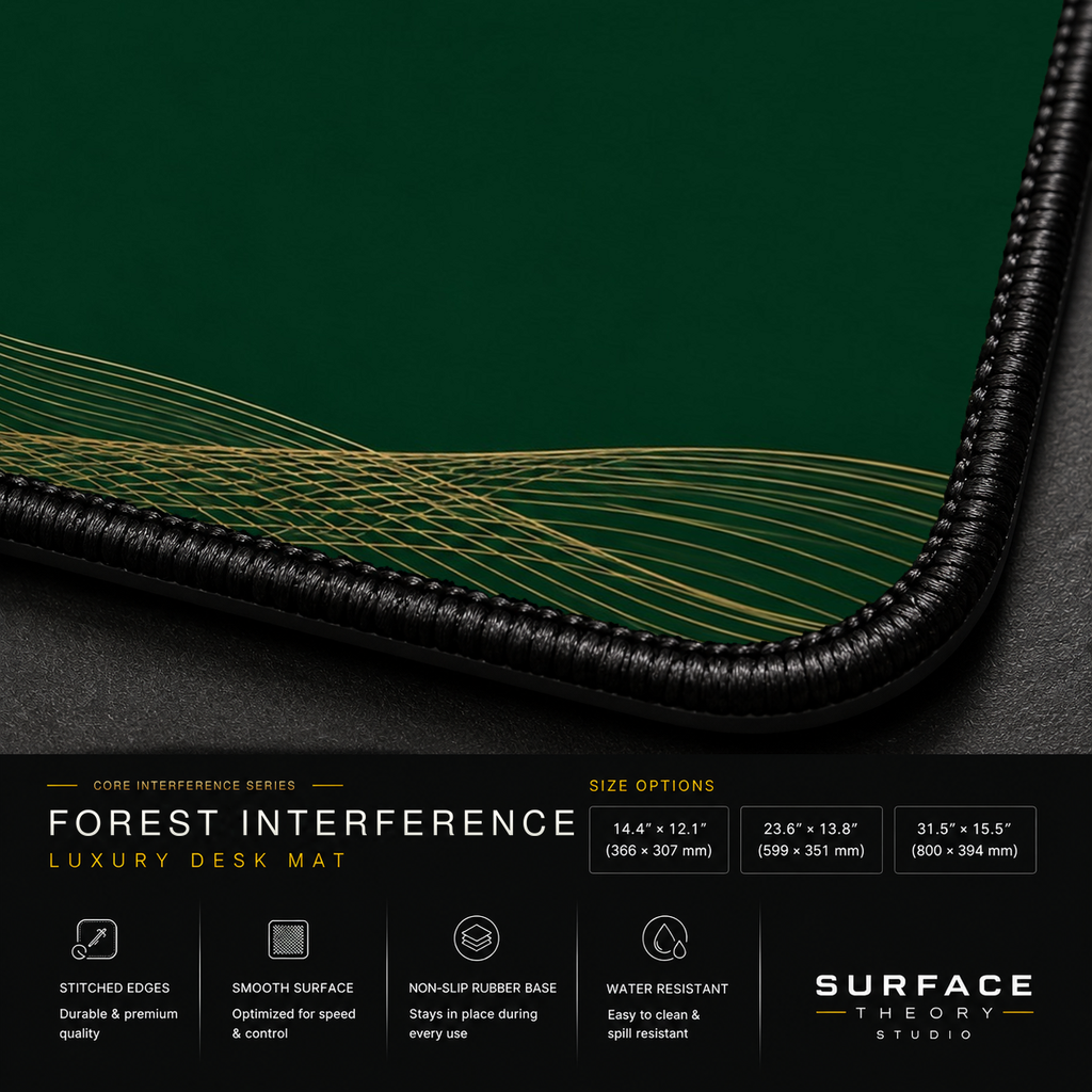 Close-up of Forest Interference printed artwork and black stitched corner.