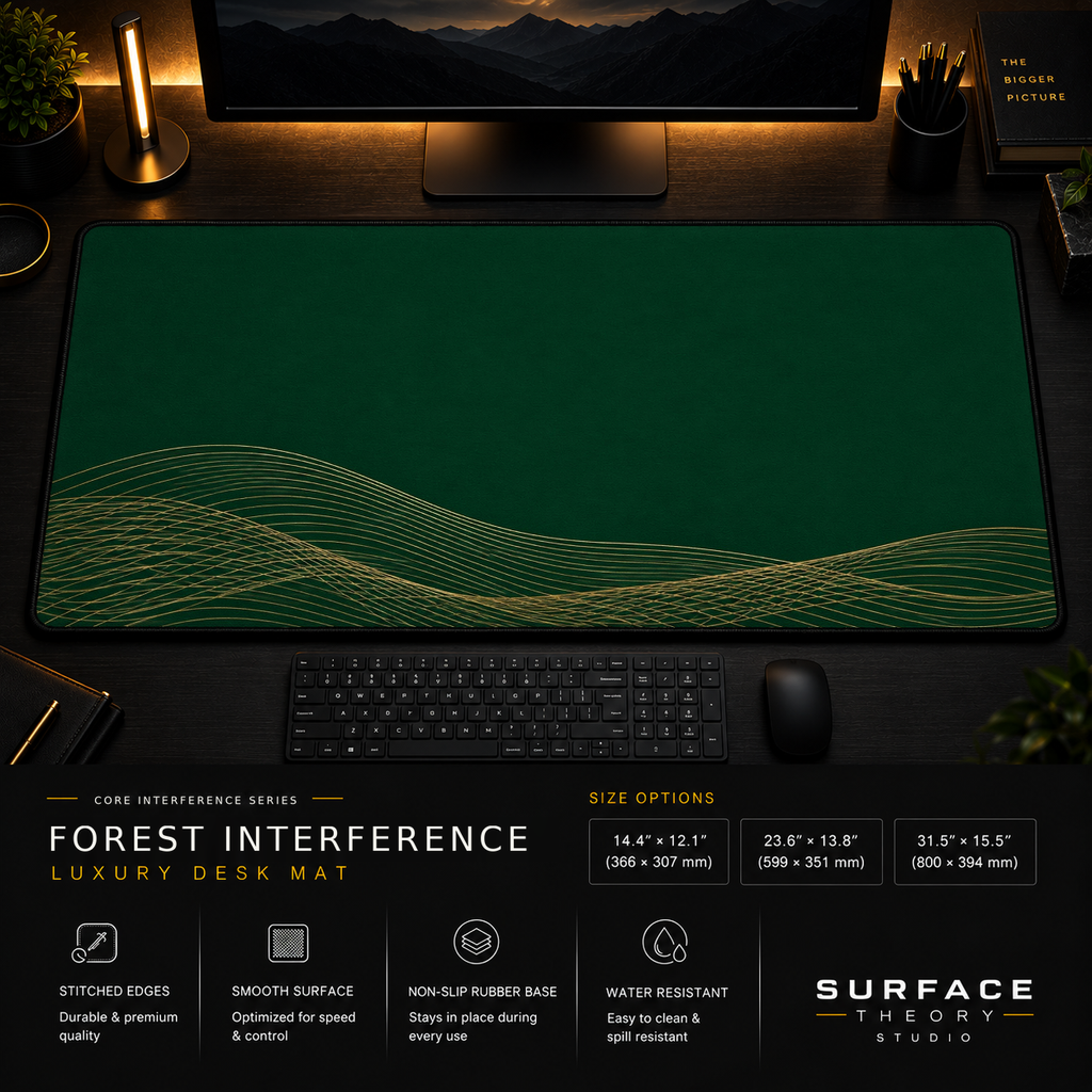 Forest Interference desk mat in a dark workstation with warm monitor lighting.