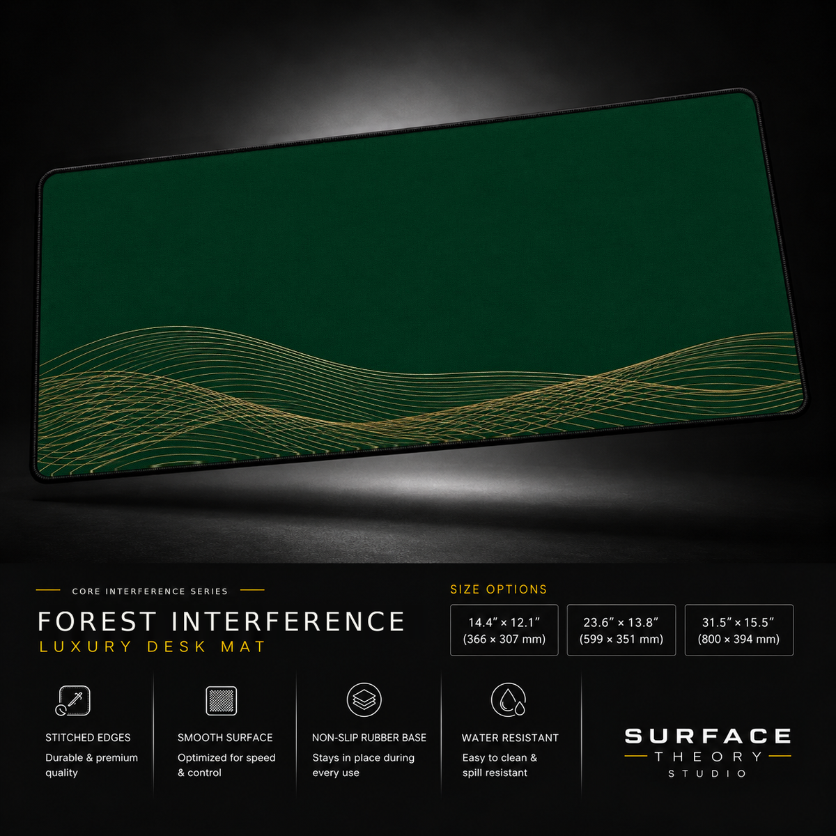 Forest Interference desk mat floating against a dark studio background.