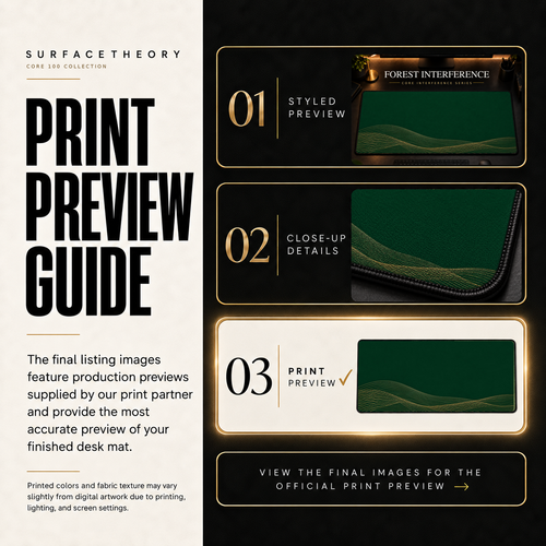 Forest Interference print preview guide showing the styled artwork, close-up and print reference.