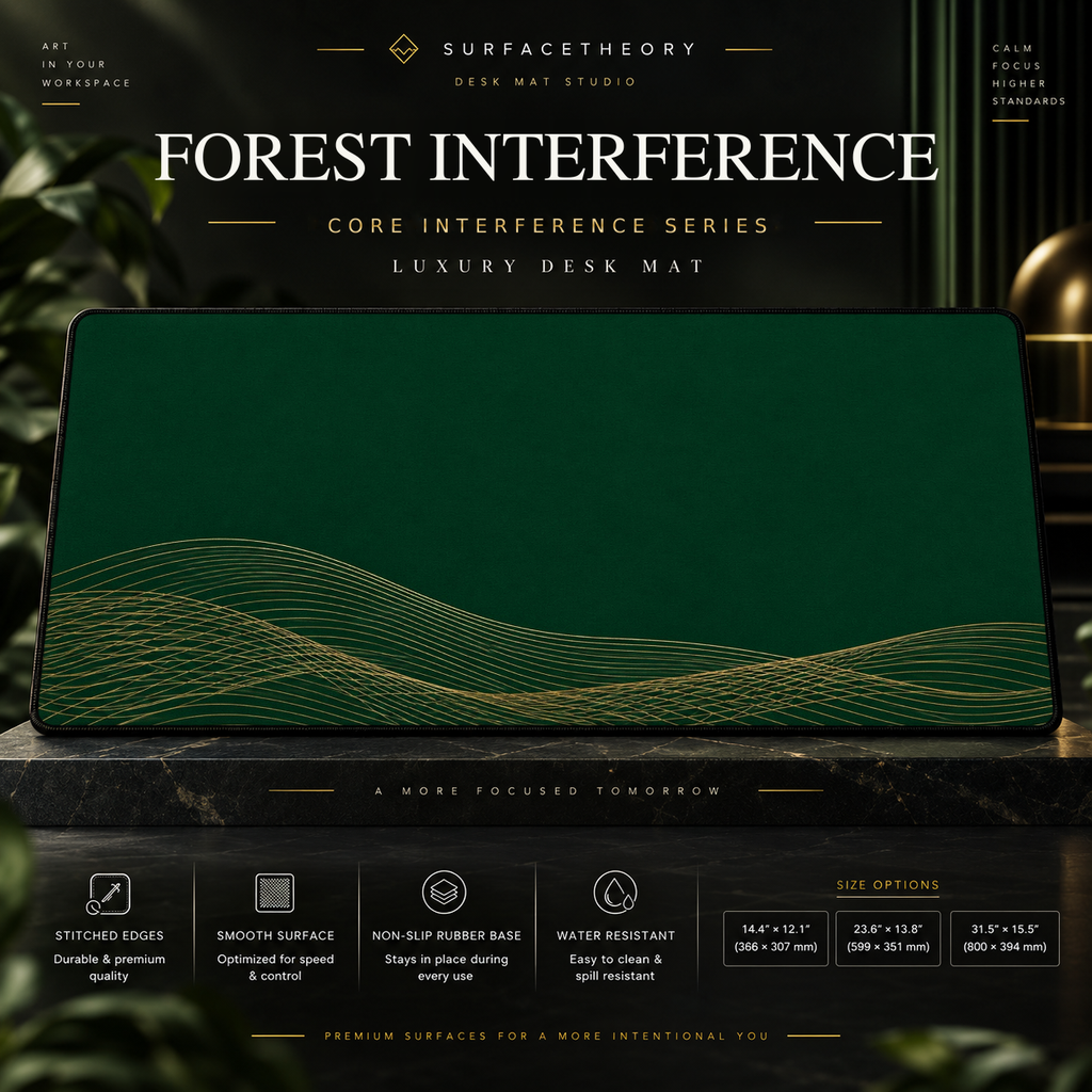 Forest Interference desk mat on a studio display with size and product information.