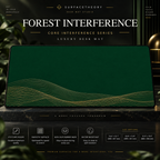 Forest Interference desk mat on a studio display with size and product information.