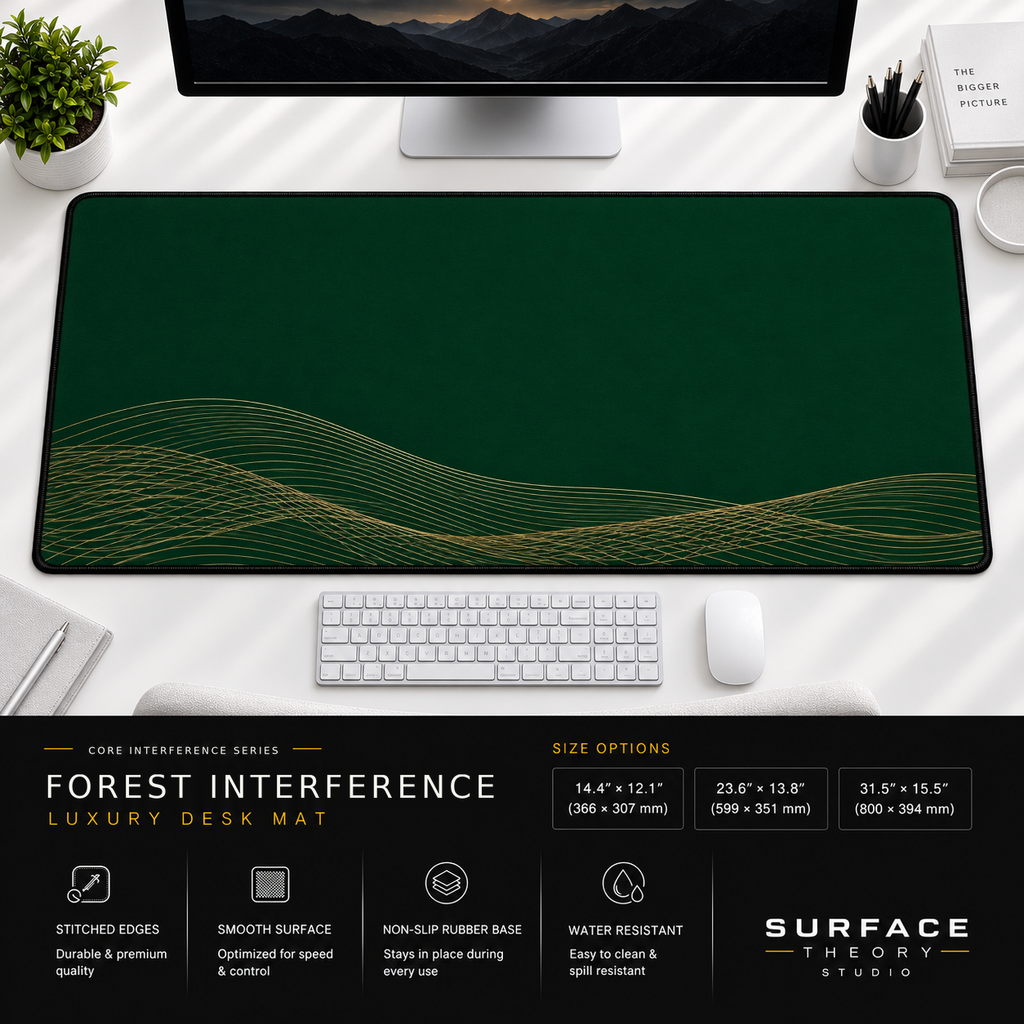 Forest Interference desk mat beneath a monitor on a bright desk with a white keyboard and mouse.