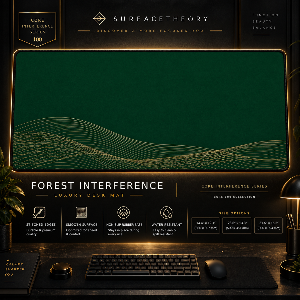Forest Interference desk mat in a gold-toned showcase frame above a keyboard.