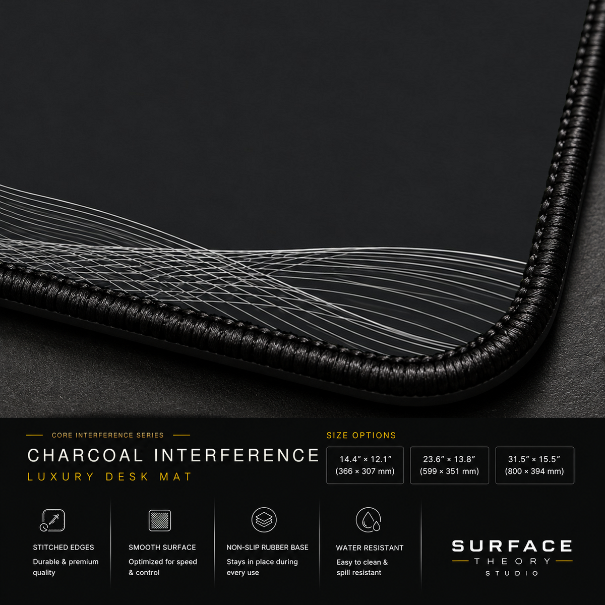 Close-up of Charcoal Interference printed artwork and black stitched corner.