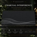 Charcoal Interference desk mat on a studio display with size and product information.