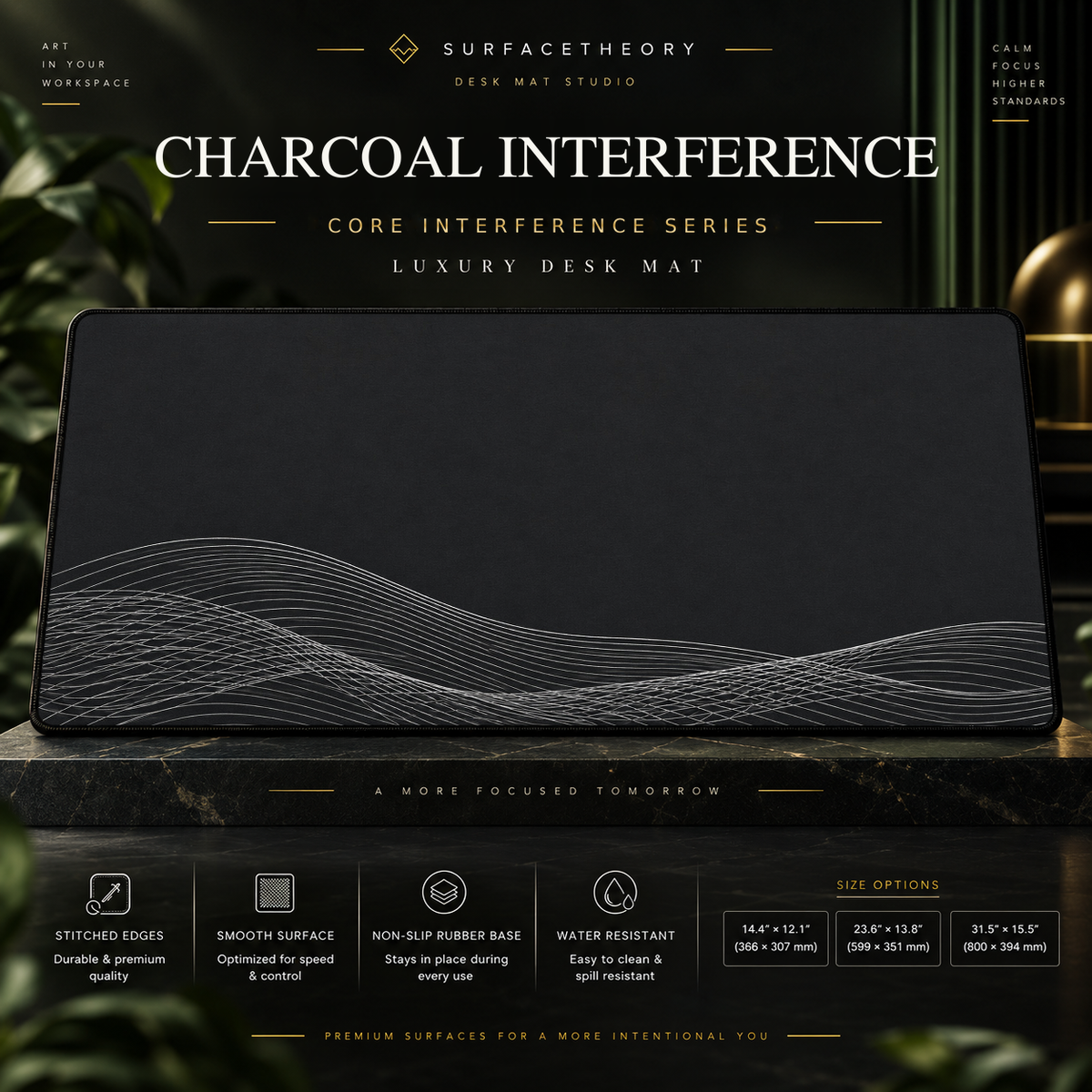 Charcoal Interference desk mat on a studio display with size and product information.