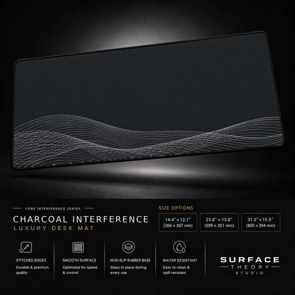 Charcoal Interference desk mat floating against a dark studio background.