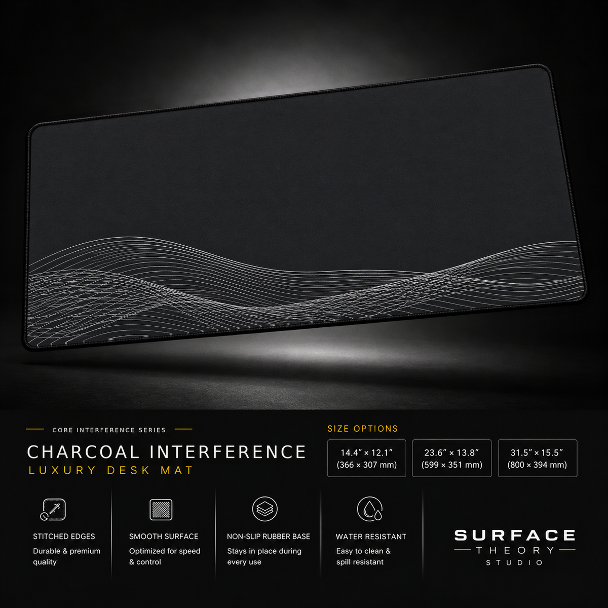 Charcoal Interference desk mat floating against a dark studio background.
